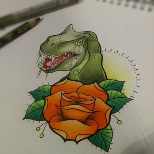 Traditional colored dinosaur and rose on sun background tattoo design
