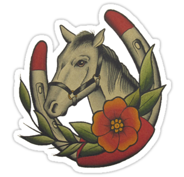 Traditional colored horse with flower and horse shoe tattoo design