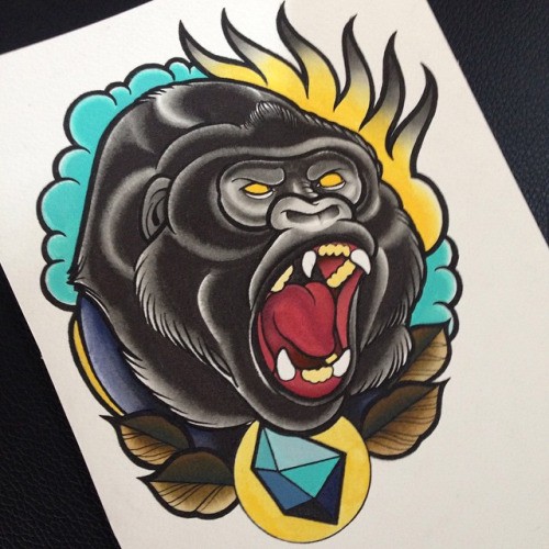 Traditional colored screaming gorilla on flame and cloud background tattoo design