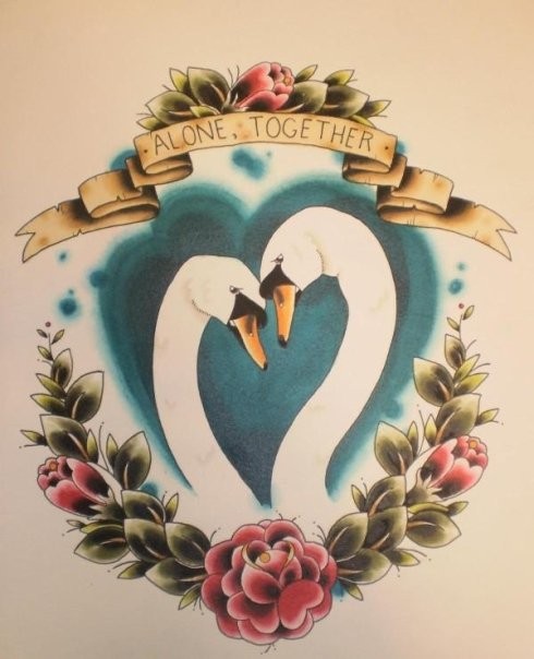 Traditional colored swan couple with flowers and banner tattoo design by Katherine Prue