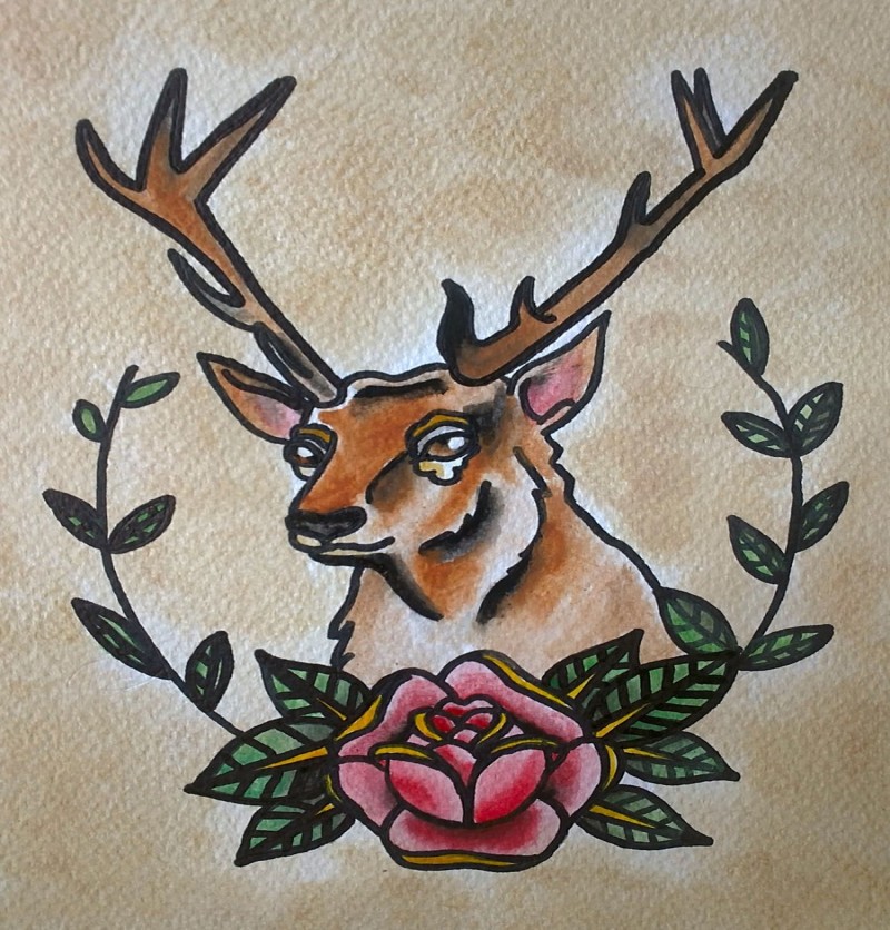 Traditional colorful deer and rose tattoo design