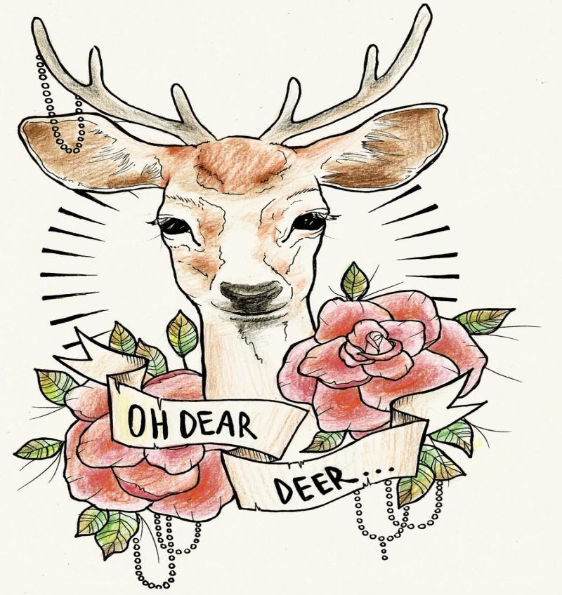 Traditional colorful deer with roses and quoted ribbon tattoo design