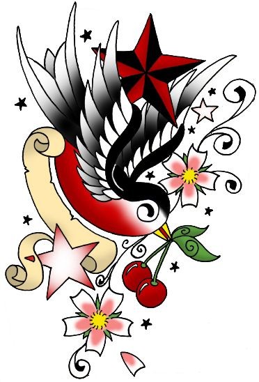Traditional colorful detailed sparrow with berries tattoo design