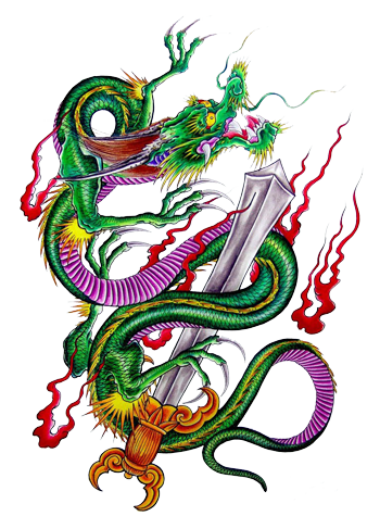 Dragão colorido tradicional e grande espada com tatuagem de fogo caindo