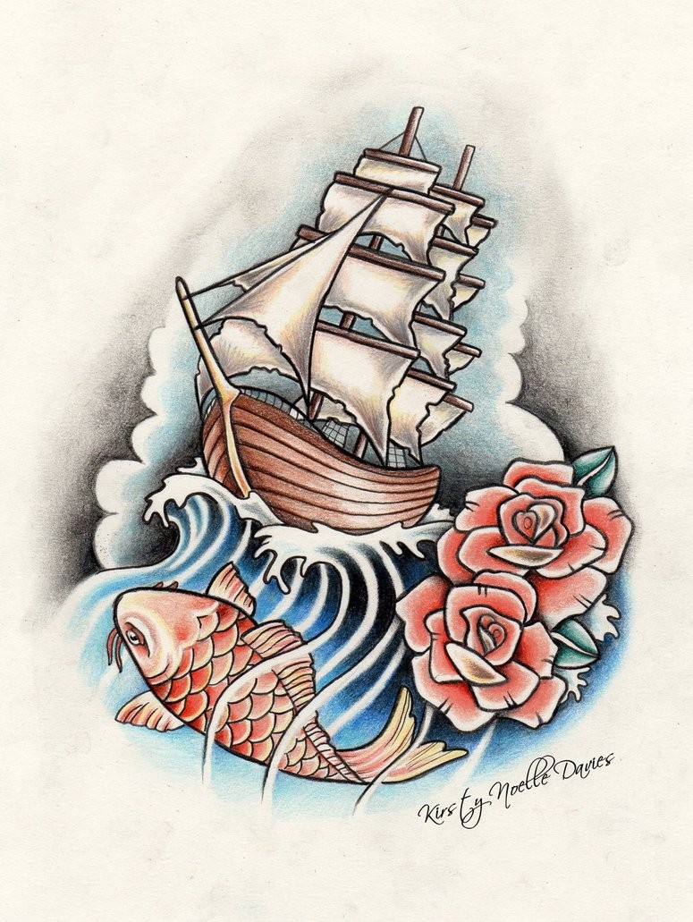 Traditional colorful fish with big white-sail ship and roses tattoo design by Kirsty Noelle Davies