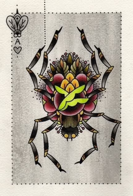Traditional colorful flowered spider tattoo design