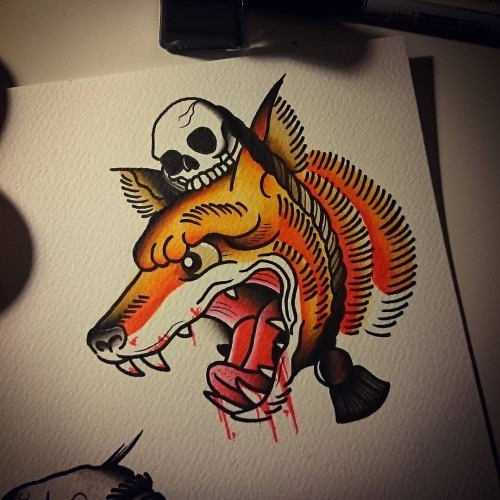 Traditional colorful fox with little skull on head tattoo design