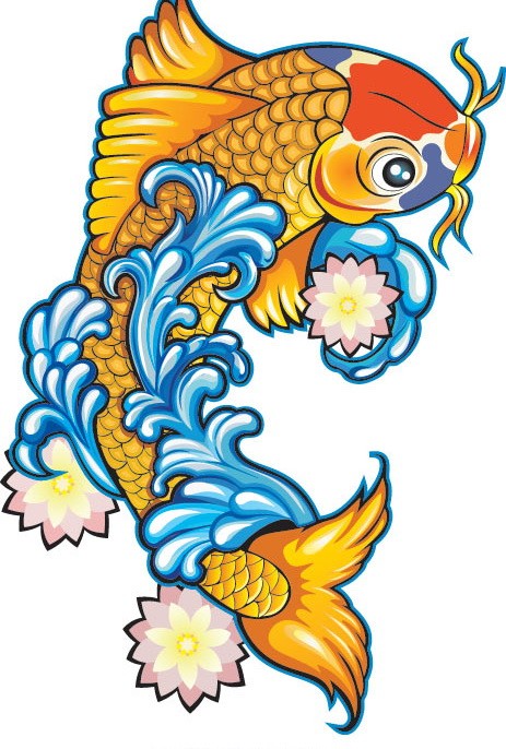 Traditional colorful koi fish and tiny rosy flowers tattoo design