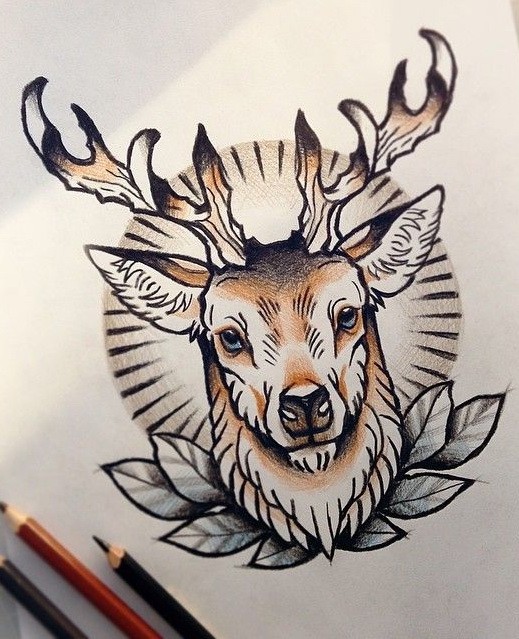 Traditional colorful new school deer tattoo design