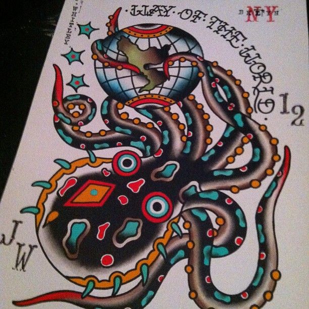 Traditional colorful old school octopus tattoo design