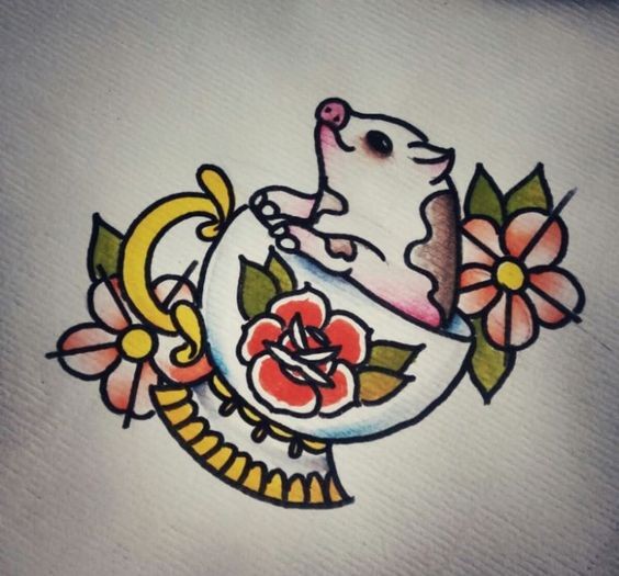 Traditional colorful pig baby sitting in flowered cup tattoo design