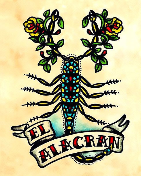 Traditional colorful scorpion with floral horns and quoted ribbon tattoo design