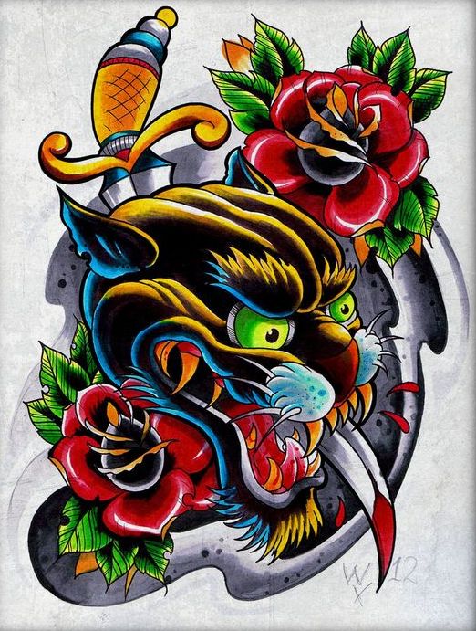 Traditional colorful tiger pierced with knife with red roses tattoo design