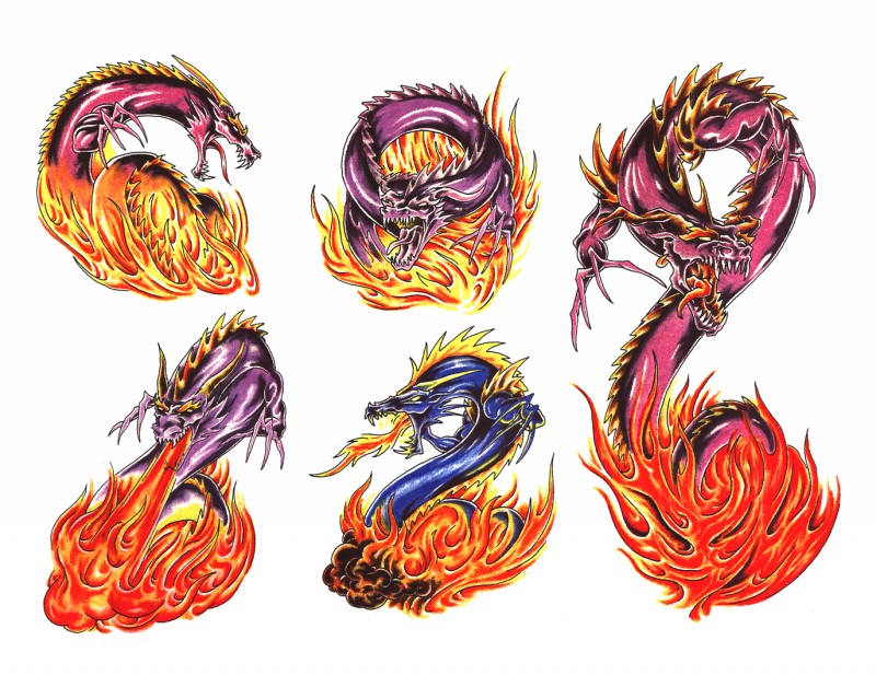 Dragões coloridos tradicionais em design de tatuagem de fogo