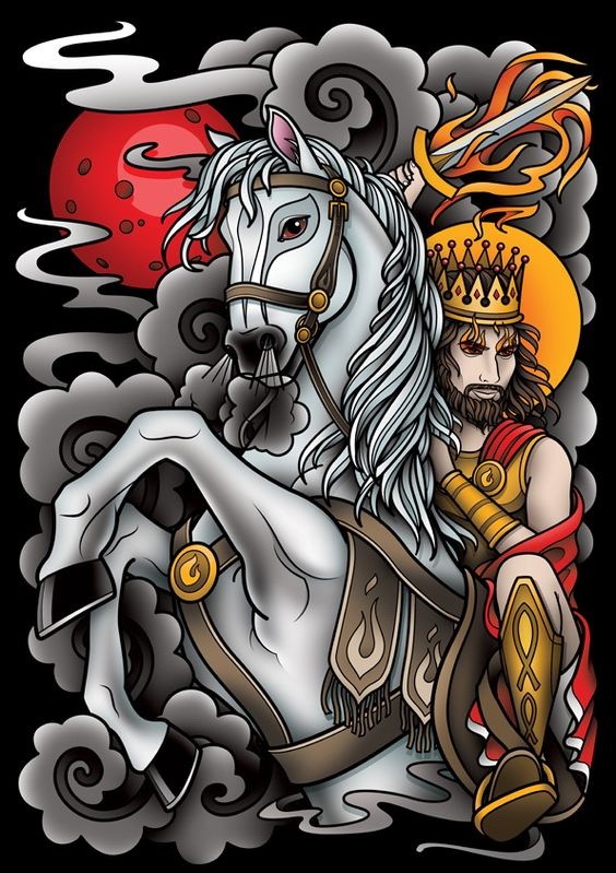 Traditional crowned king riding a horse in coudy night tattoo design