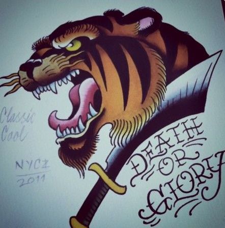 Traditional crying tiger with huge sword and lettering tattoo design