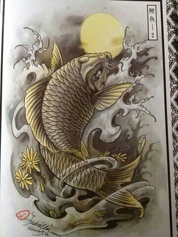 Traditional dark carp fish and shining full moon tattoo design