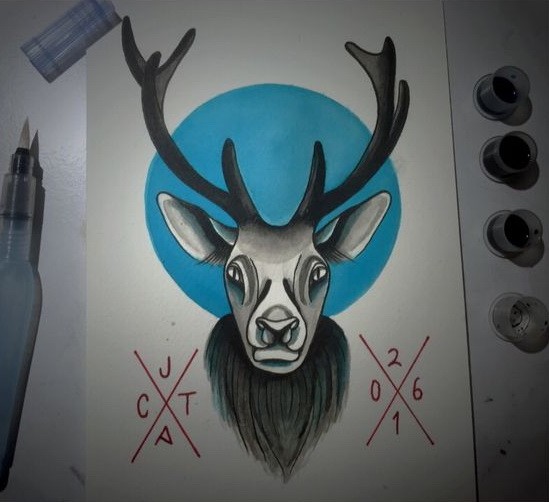 Traditional deer portrait on blue circle background tattoo design