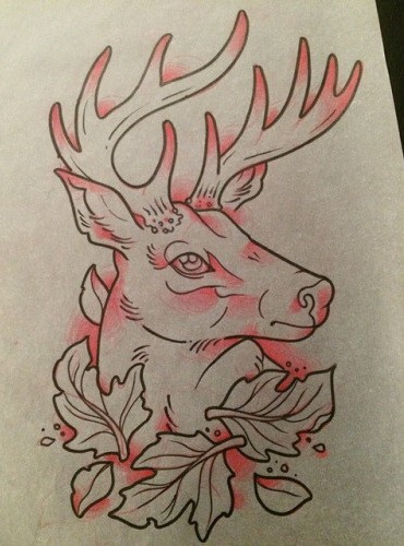 Traditional deer with oak leades tattoo design