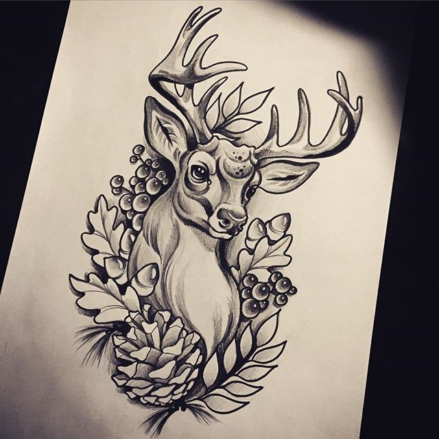 Traditional deer with oak leaves and berries tattoo design