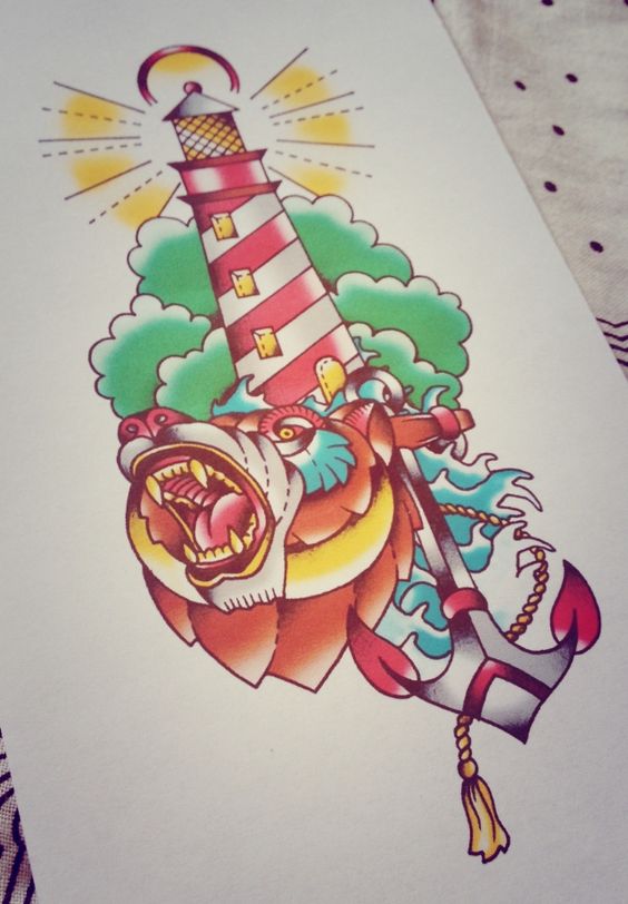 Traditional detailed bear with lighthouse and anchor tattoo design