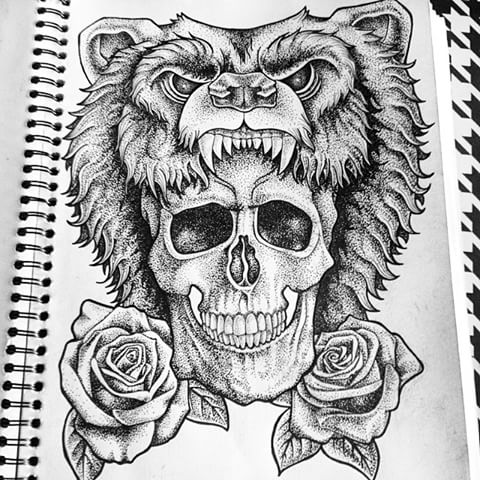 Traditional dotwork bear with skull and roses tattoo design