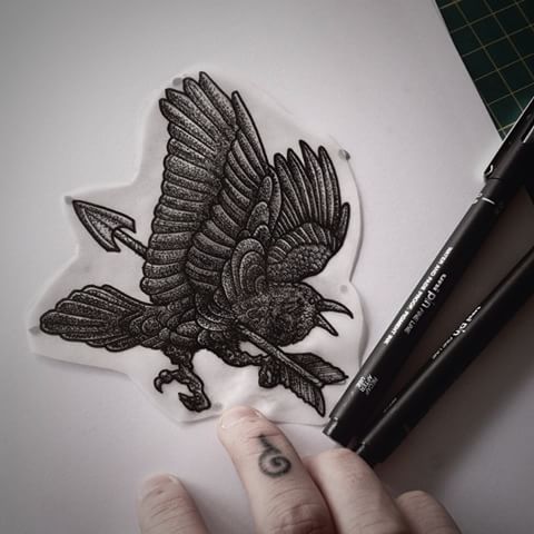 Traditional dotwork raven killed with arrow tattoo design
