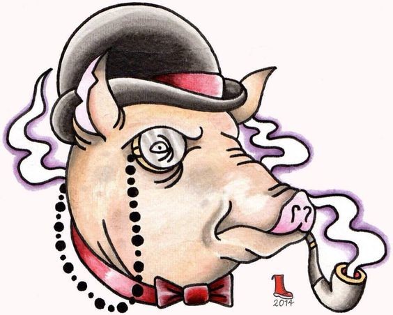 Traditional gentleman pig potrait smoking tobacco pipe tattoo design