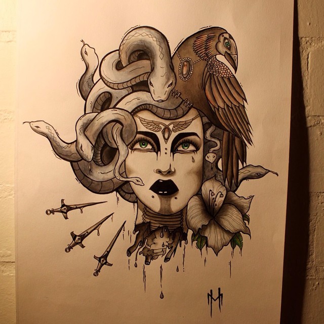 Traditional green-eyed medusa gorgona portrait tattoo design