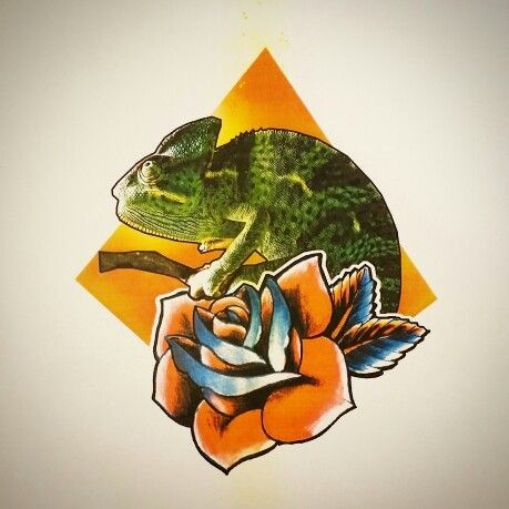 Traditional green chameleon with rose on orange geometric background tattoo design