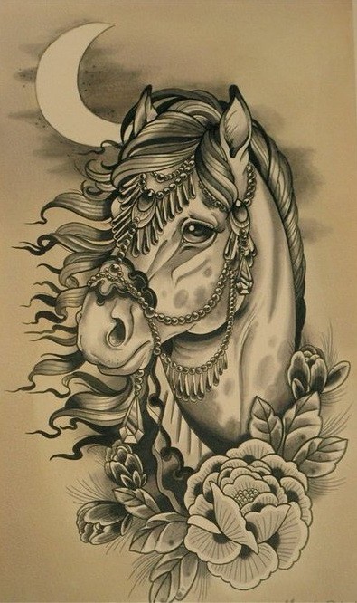 Traditional grey-ink decorated horse in moon light tattoo design