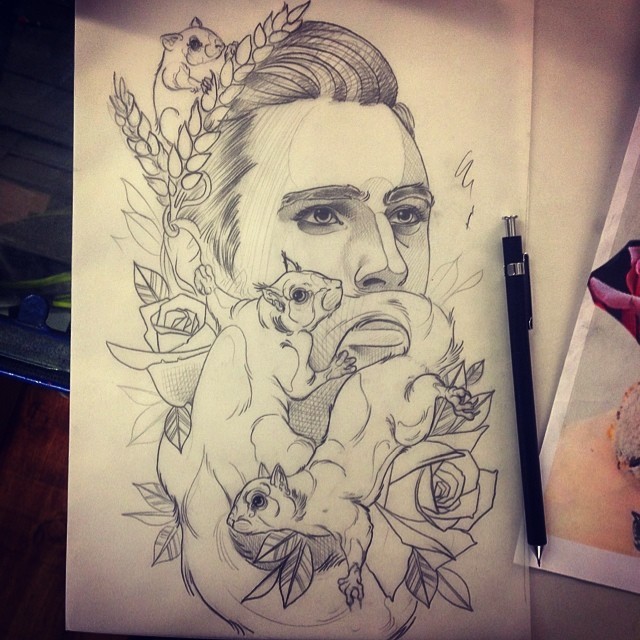 Traditional grey-ink man face with fussing squirrels and roses tattoo design by Namkao