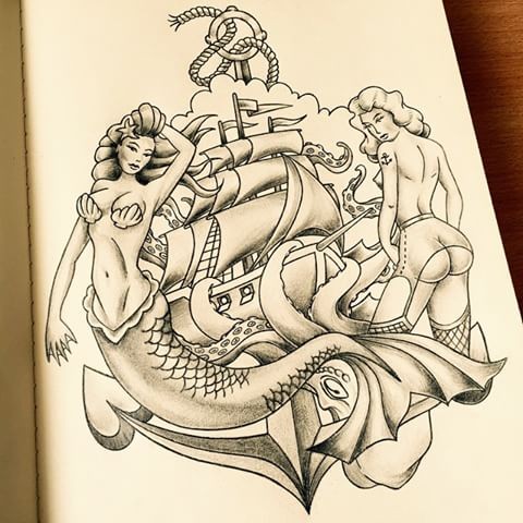 Traditional grey-ink mermaid and strip-girl with ship and anchor tattoo design