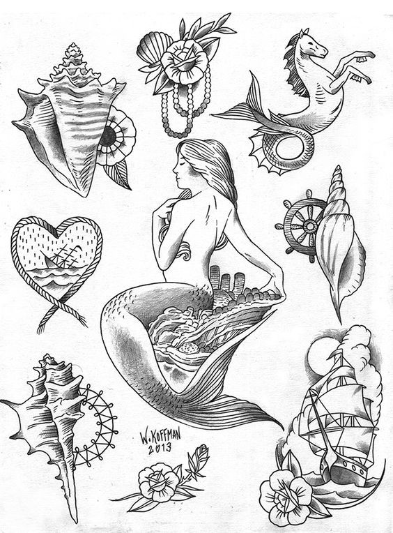 Sereia tradicional de tinta cinzenta, rodeada por diferentes elementos de design de tatuagem