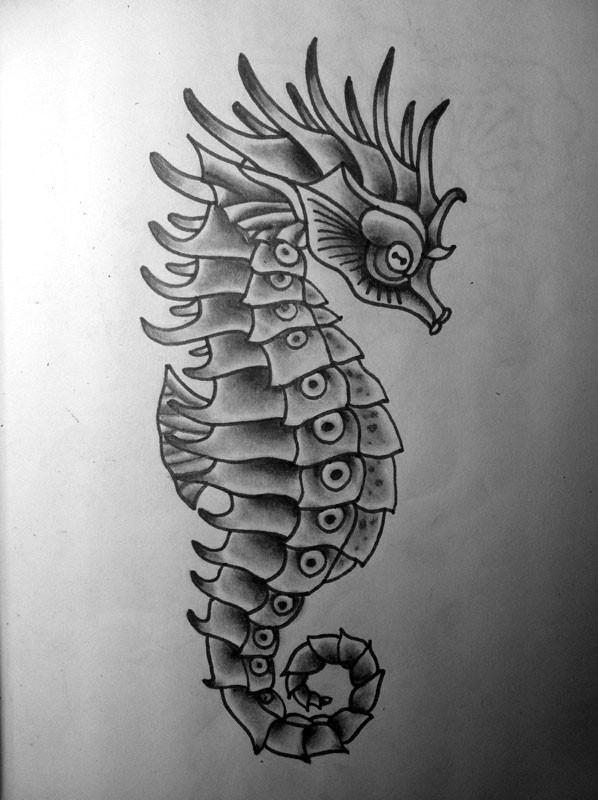 Traditional grey-ink seahorse tattoo design