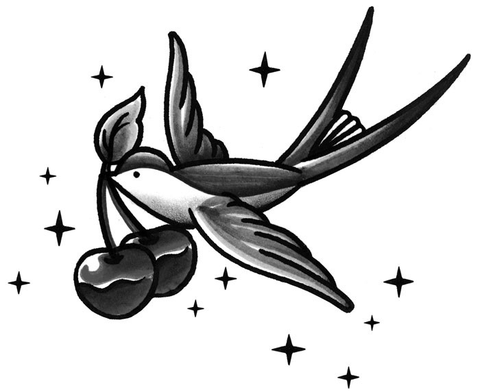 Traditional grey-ink sparrow with cherry fruit in beak tattoo design