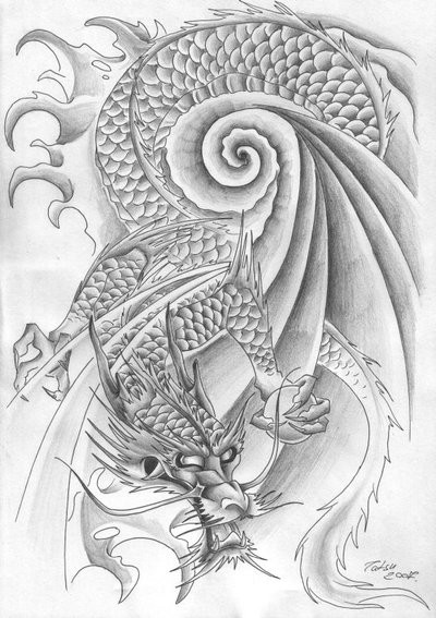 Traditional japanese dragon in swirly water tattoo design ...