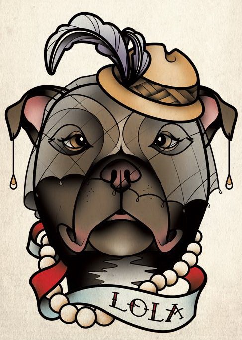 Traditional lady dog in hat and beads with banner tattoo design