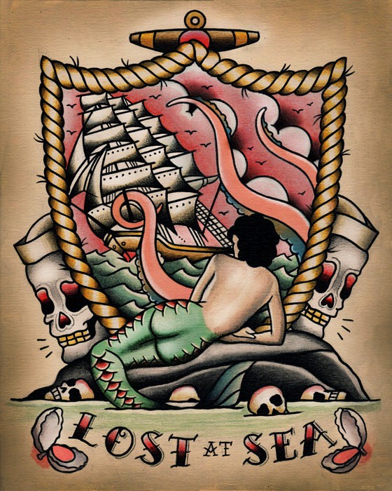 Traditional lying mermaid from back with huge coat on arms and skulls tattoo design