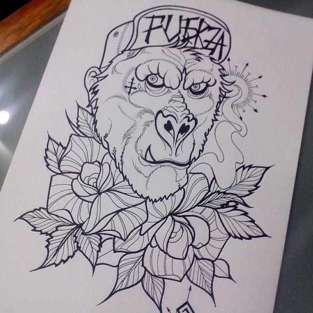 Traditional monkey prisones with rose flowers tattoo design