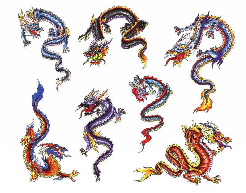Dragões multicoloridos tradicionais em desenhos de tatuagem de tamanho pequeno
