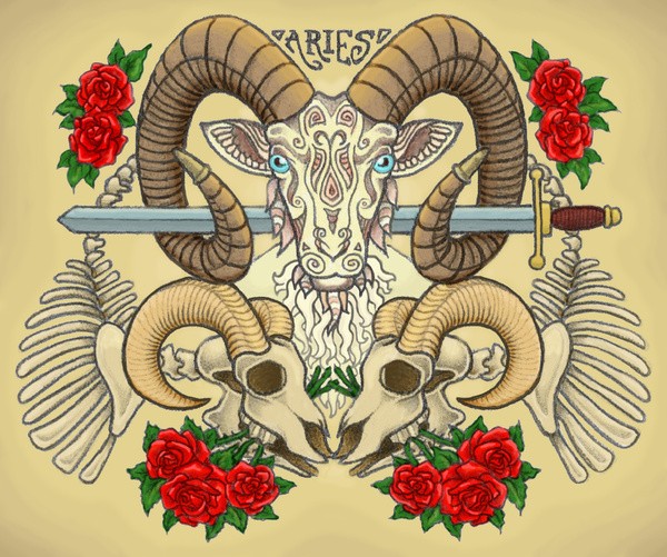 Traditional multicolor ram heads with roses and long sword tattoo design