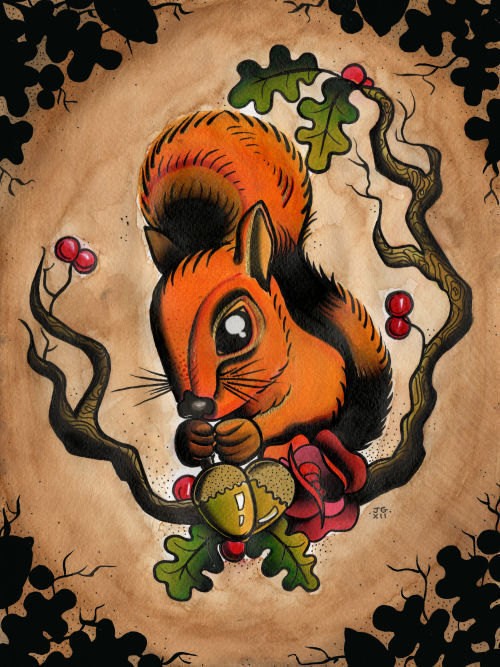 Traditional multicolor squirrel with acorns sitting on oak branch tattoo design