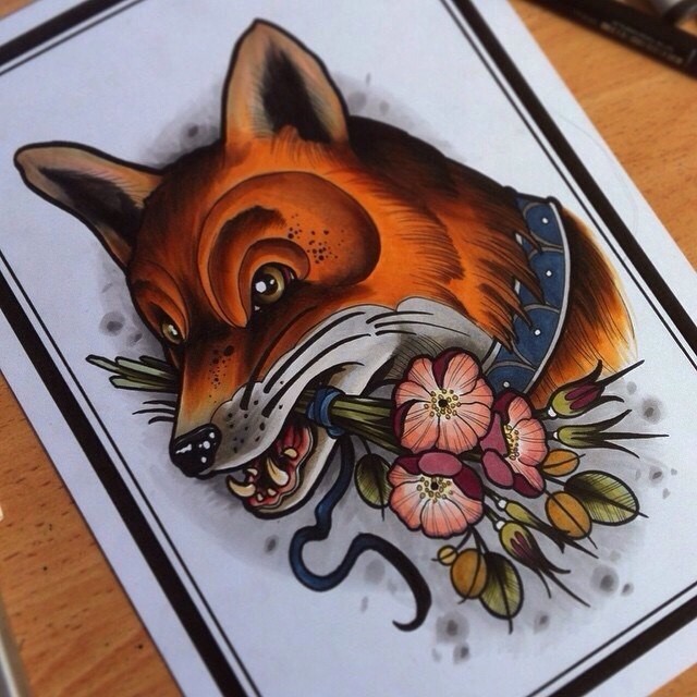 Traditional new school fox keeping a bouquet tattoo design