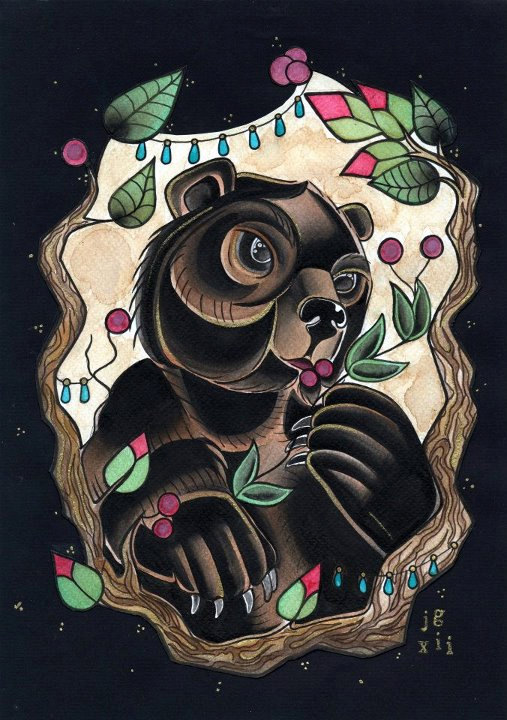 Traditional old school bear eating berries tattoo design