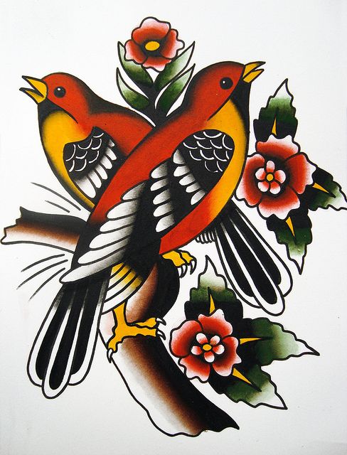 Traditional old school bird couple with flowers tattoo design