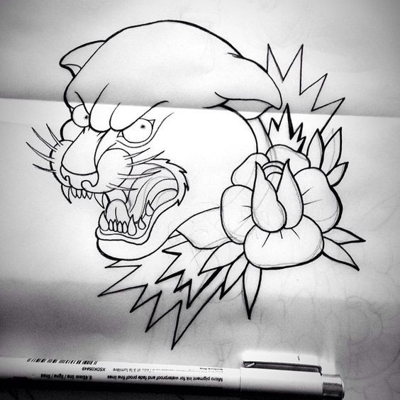Traditional old school panther head variants with blue flowers tattoo design