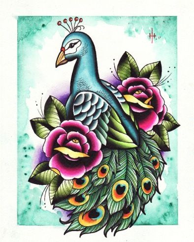 Traditional old school peacock with roses tattoo design