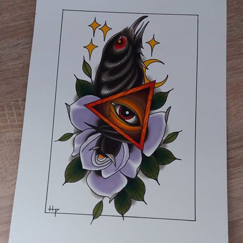 Traditional old school raven with purple flowers and illuminati tattoo design