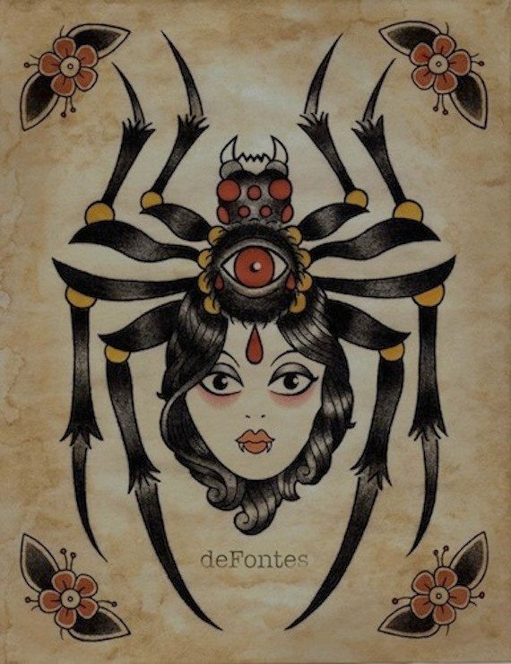 Traditional old school spider with womans head torso tattoo design